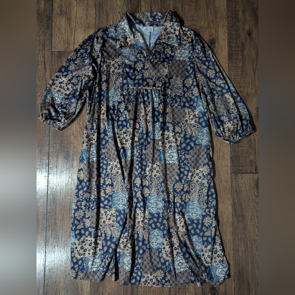 Only Necessities Womens 1X Grannie Core Blue Gold Print Rayon Maxi Nightgown VTG